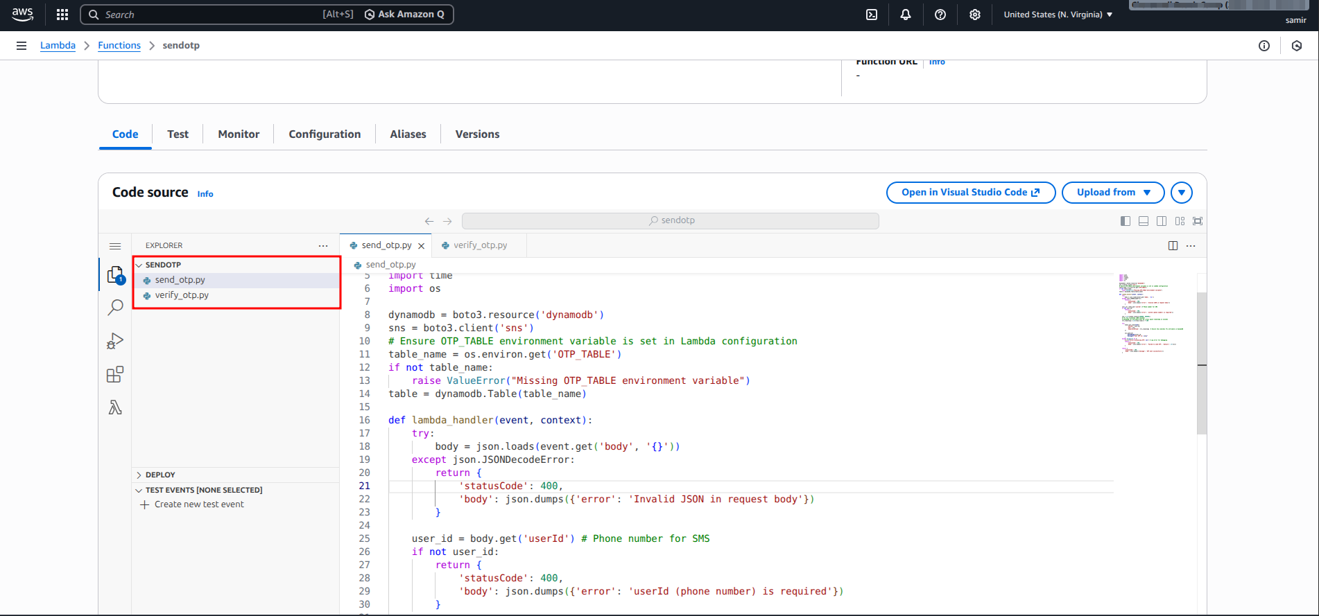 AWS Lambda Function Editor showing send_otp.py and verify_otp.py